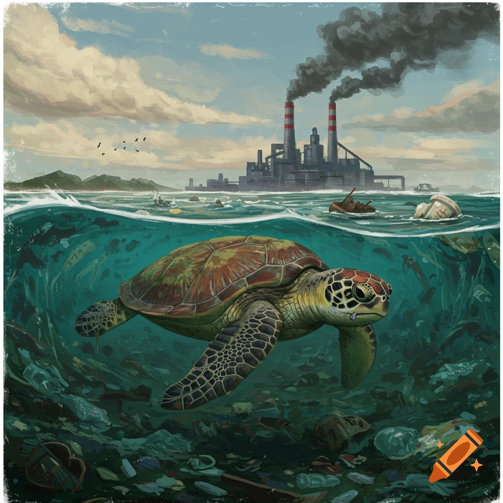 A sad turtle swims in a polluted ocean beneath factories emitting smoke.