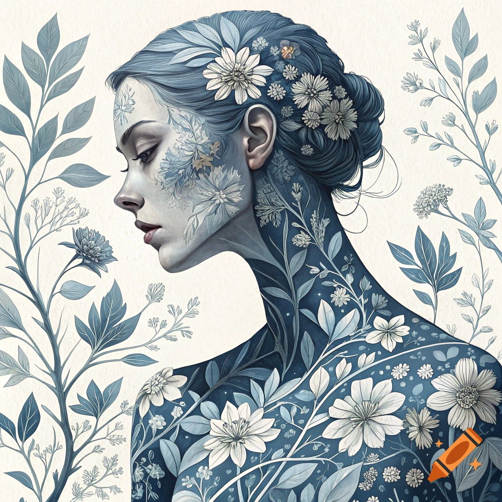 Profile portrait of a woman with skin covered in a blue and white floral pattern, surrounded by floral branches.