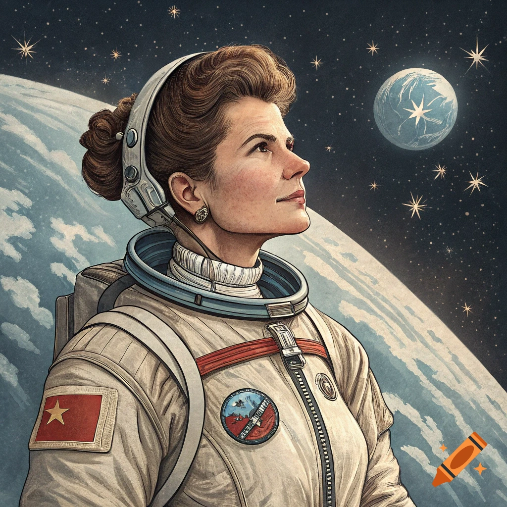 Illustrative portrait of a woman astronaut in a space suit, looking up with Earth and stars behind her.