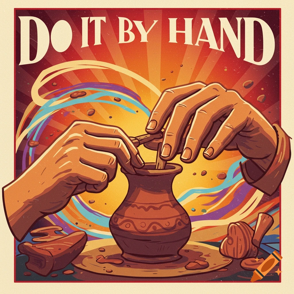 Vintage poster art of hands making pottery on a wheel with text 'DO IT BY HAND'.