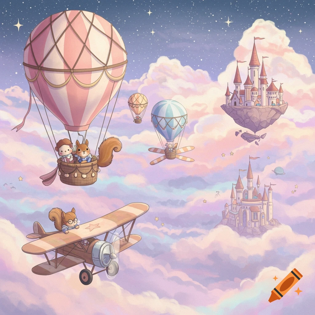 Whimsical illustration of cute animals in hot air balloons and a biplane flying past floating castles in a pastel sky.