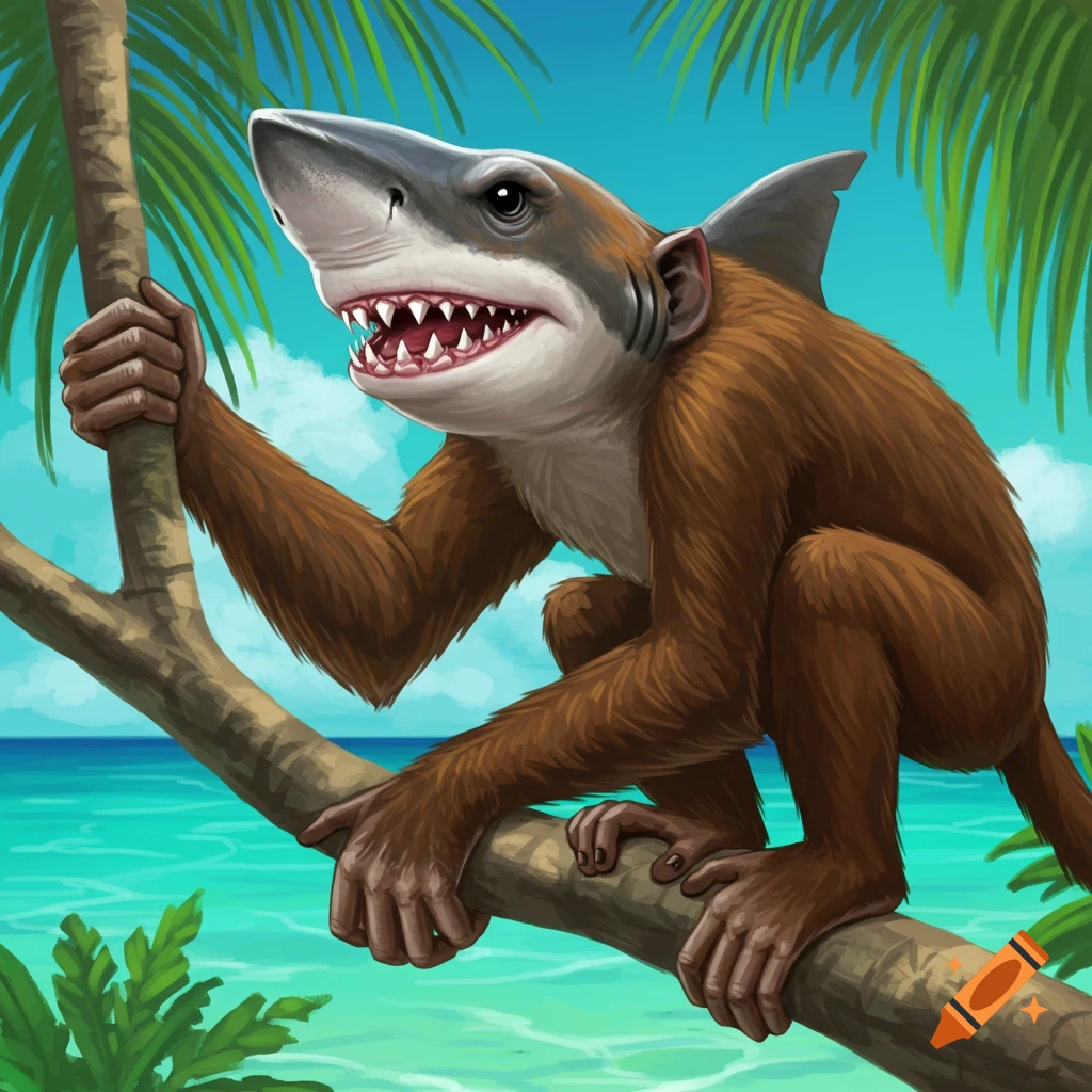 A shark monkey sits on a tree branch in a tropical setting.
