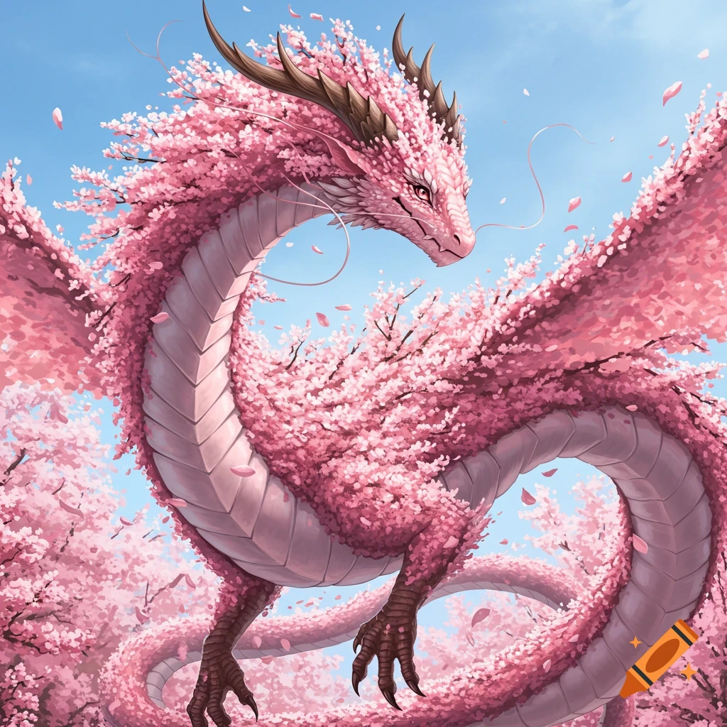 A pink dragon made of cherry blossoms flies among trees.