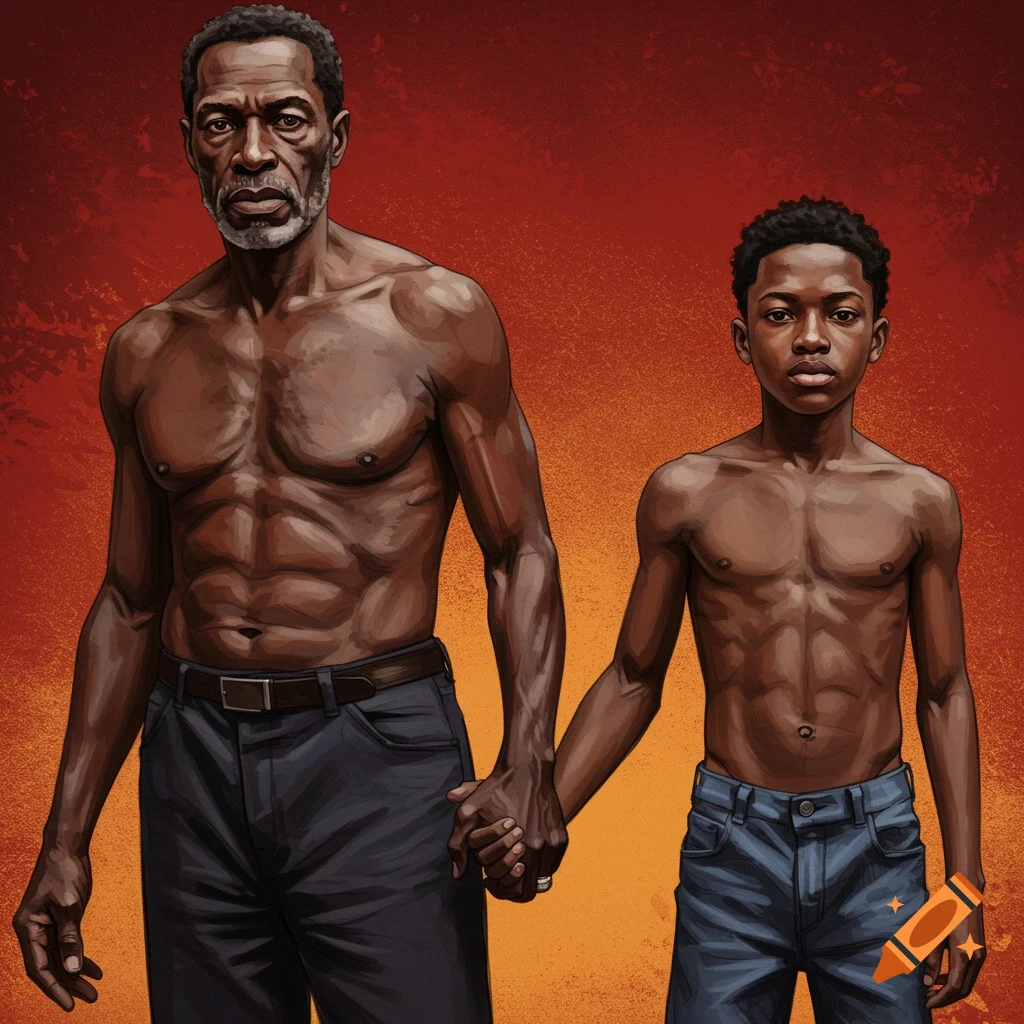 A Black man and boy holding hands against an orange background.