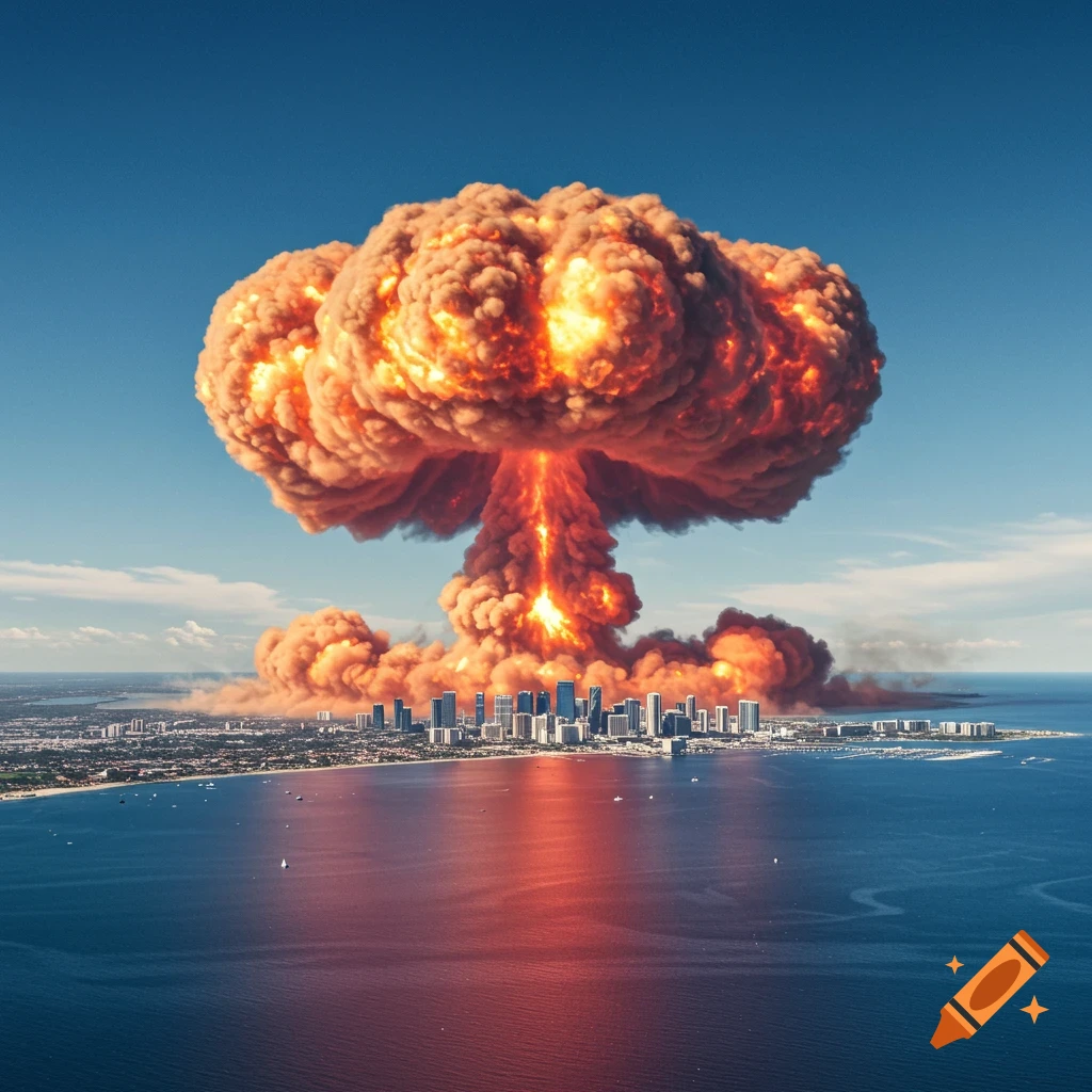 A large nuclear explosion mushroom cloud over a city by the sea.