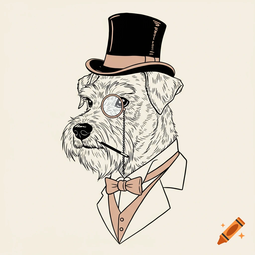 Outline illustration of a Schnauzer dog wearing a top hat, monocle, and suit with a bow tie.