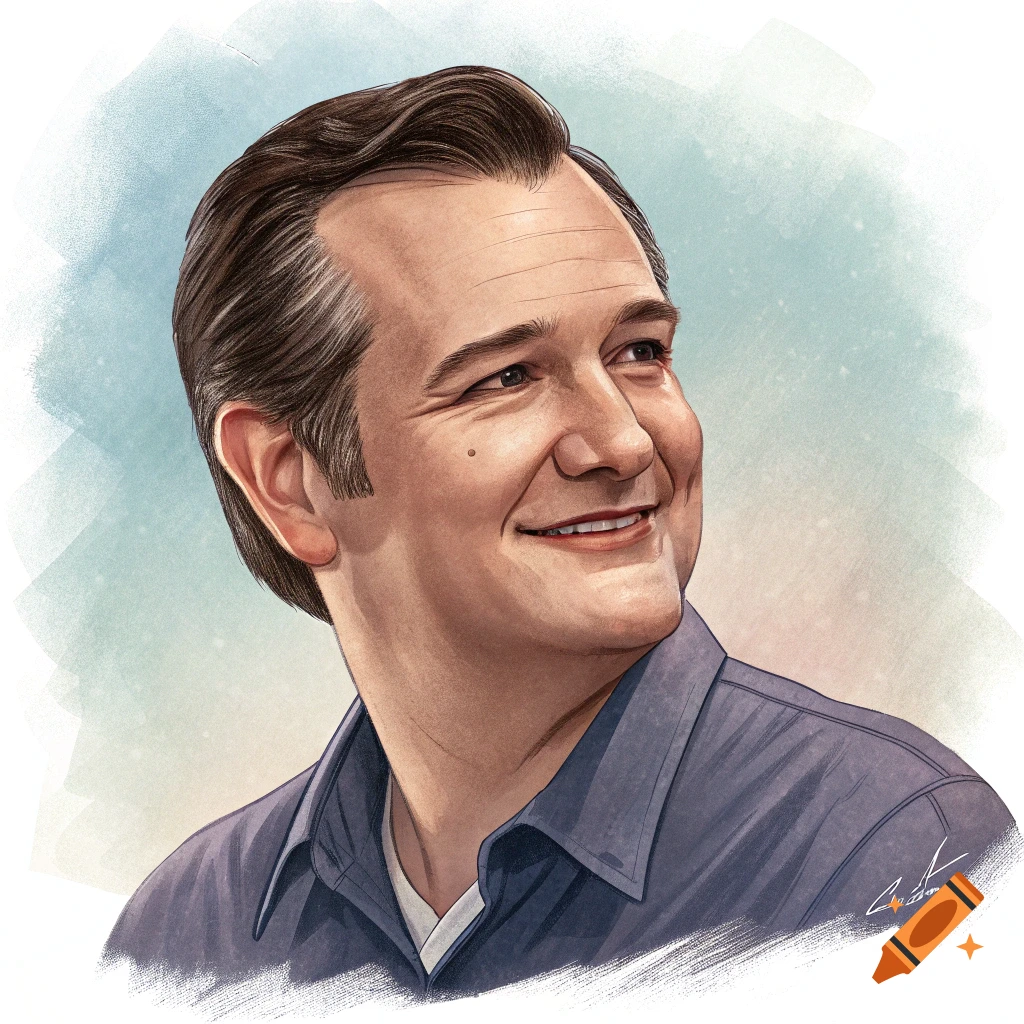 Illustration portrait of a man resembling Ted Cruz smiling