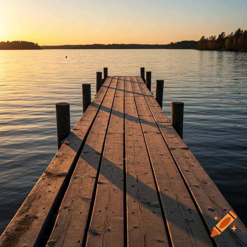 A wooden dock stretches into a lake at sunset, with trees on the horizon