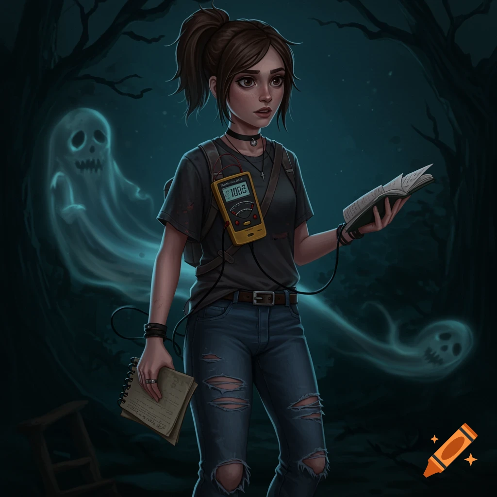 A teenage girl ghost hunter is in a dark forest with ghosts.