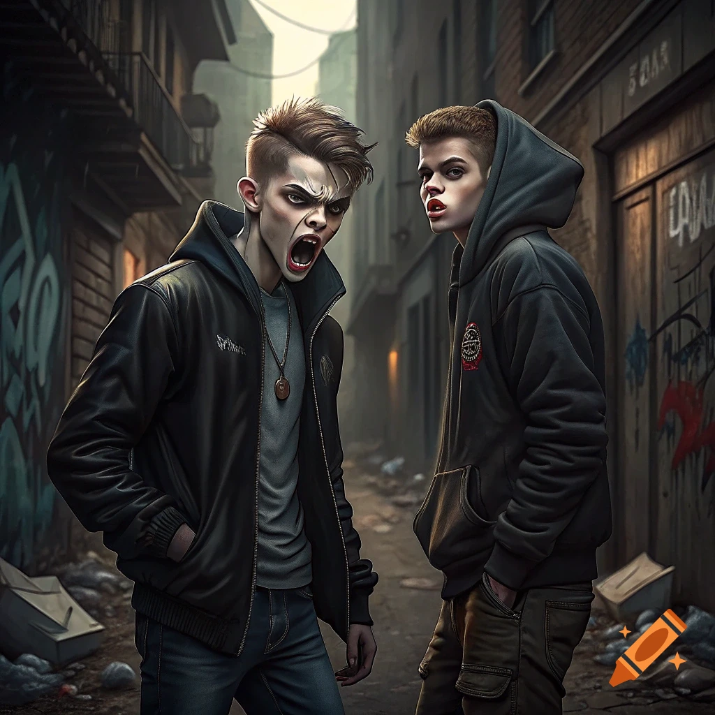 Two teenage vampires in a dark urban alley, one screaming, digital illustration.