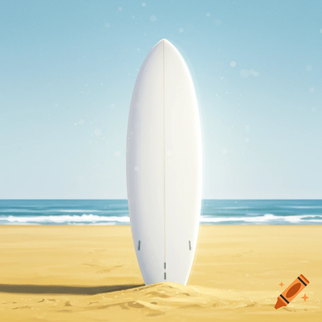 A white surfboard stands upright in the sand on a sunny beach with waves in the background.