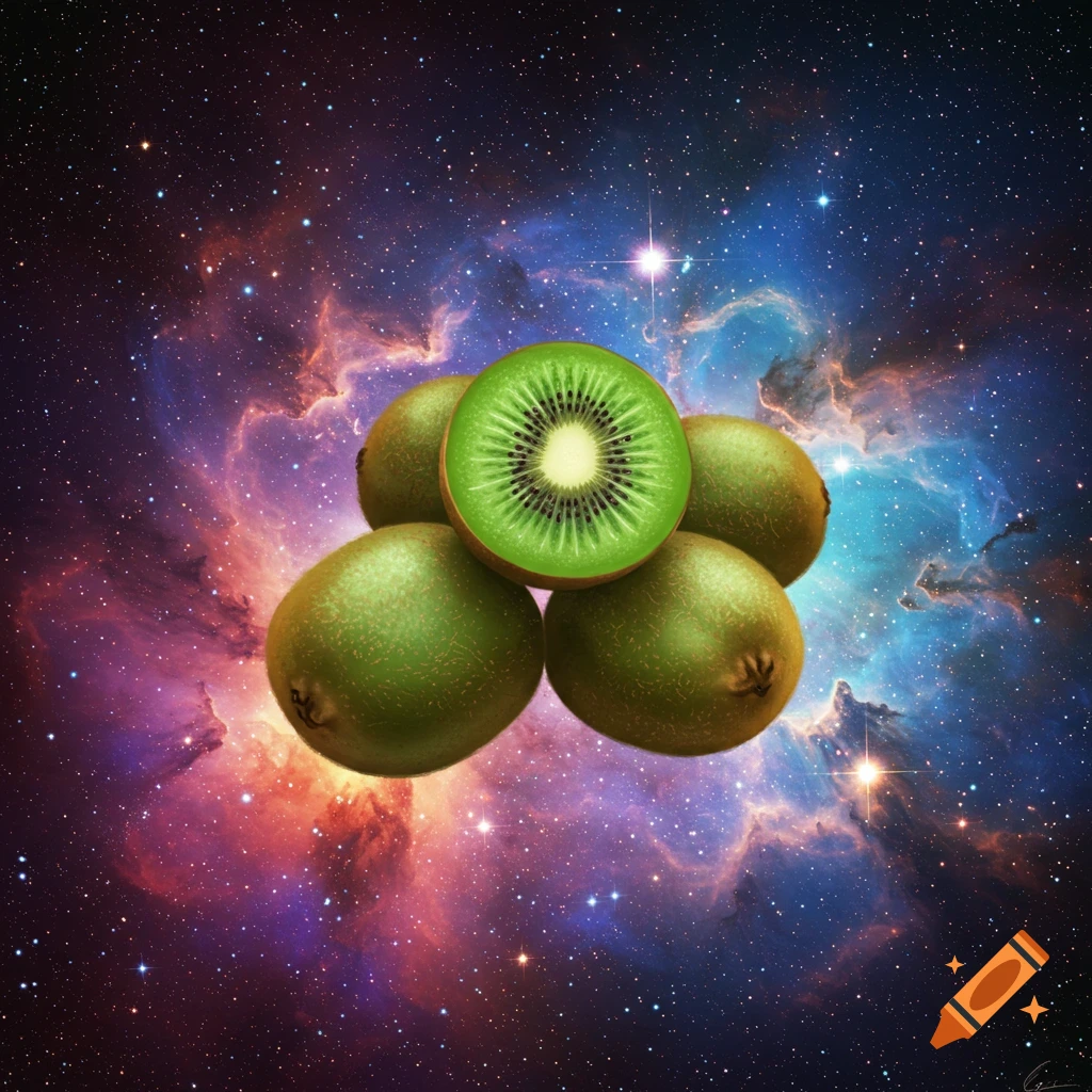Several kiwis, one sliced open, against a starry nebula background.