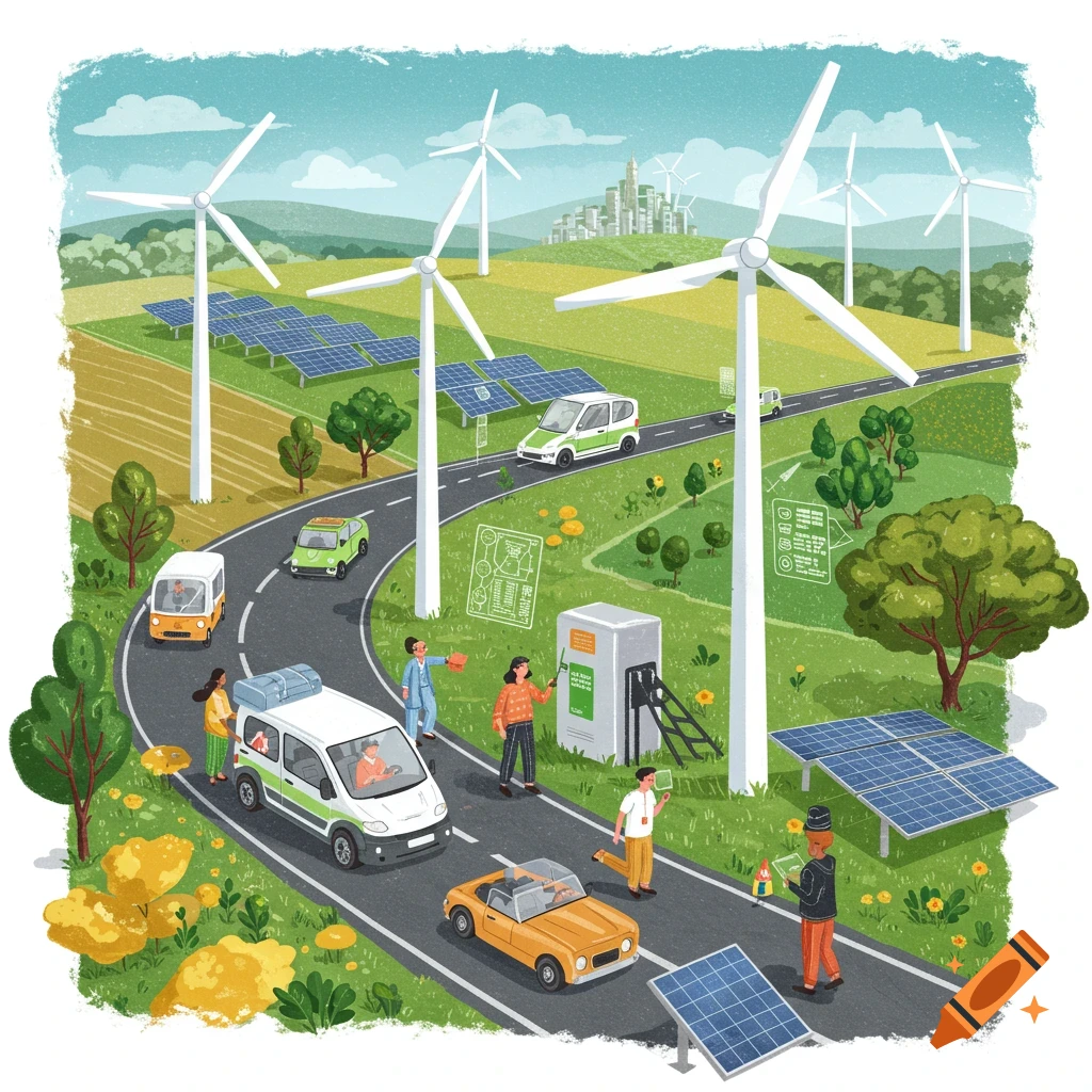 A landscape with wind turbines, solar panels, electric cars, and people near a charging station.
