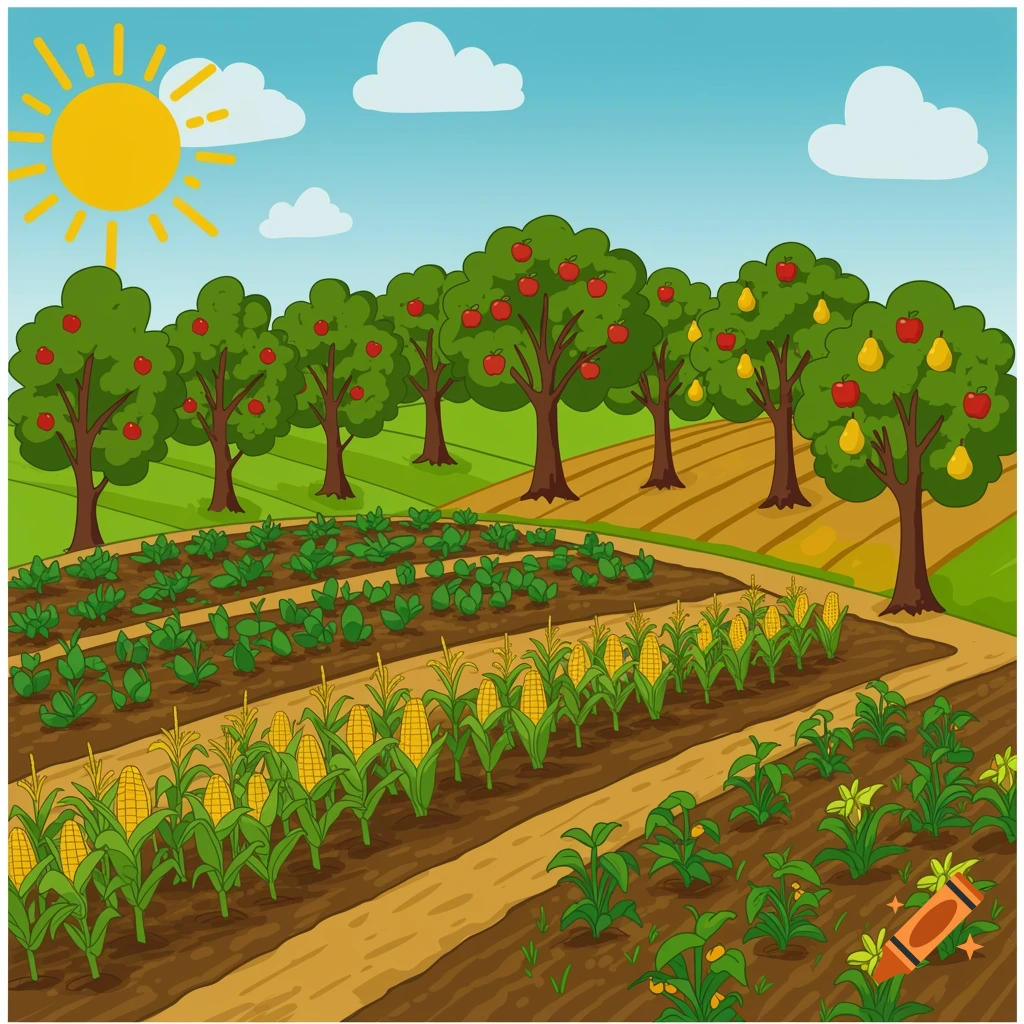 Cartoon illustration of a farm with rows of corn, beans, apple trees, and pear trees under a sunny sky.