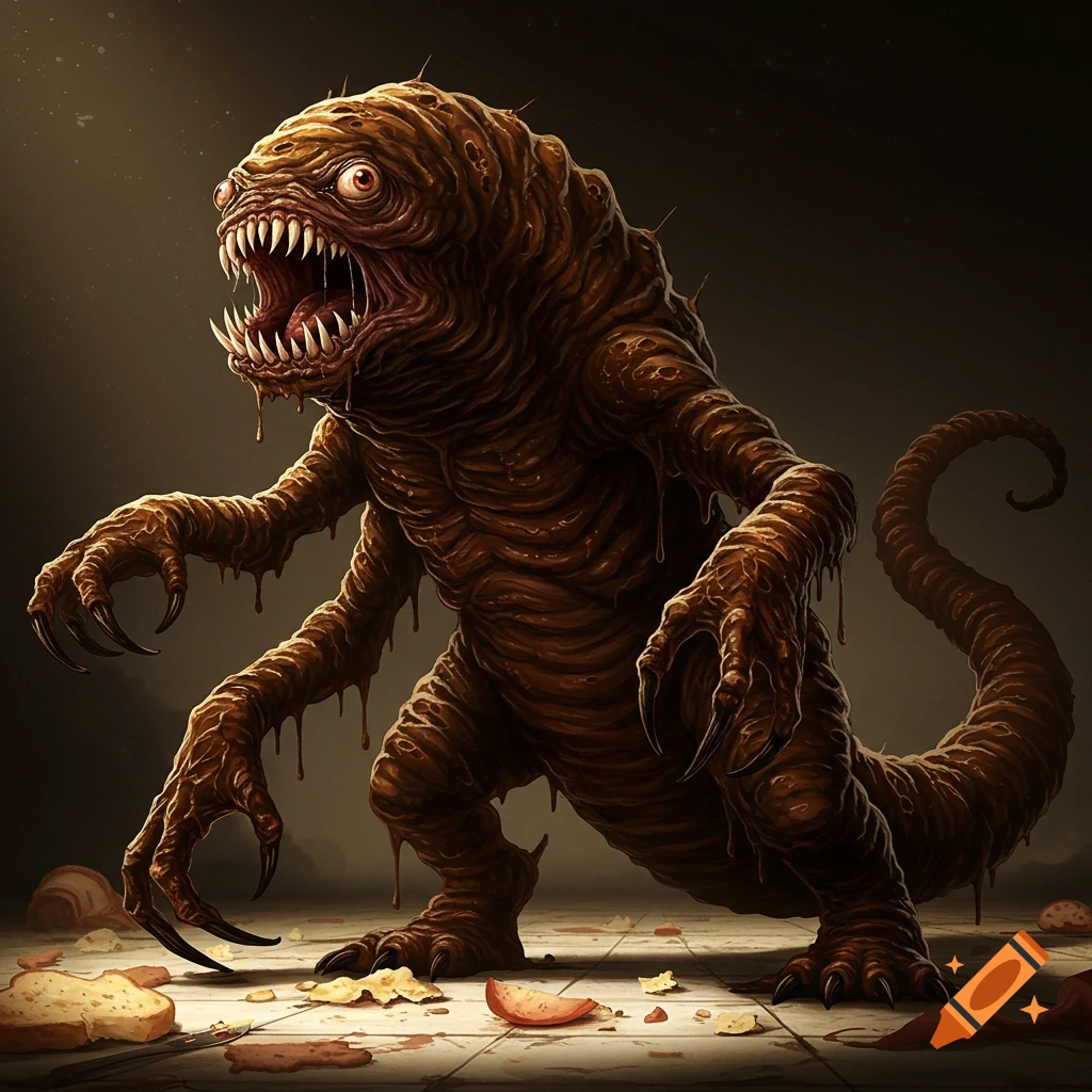 A grotesque brown vegemite monster with sharp teeth and claws, standing on a messy floor.