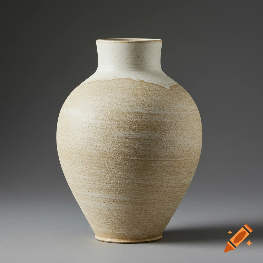 A ceramic vase with a textured tan body and a white rim, against a gray background.