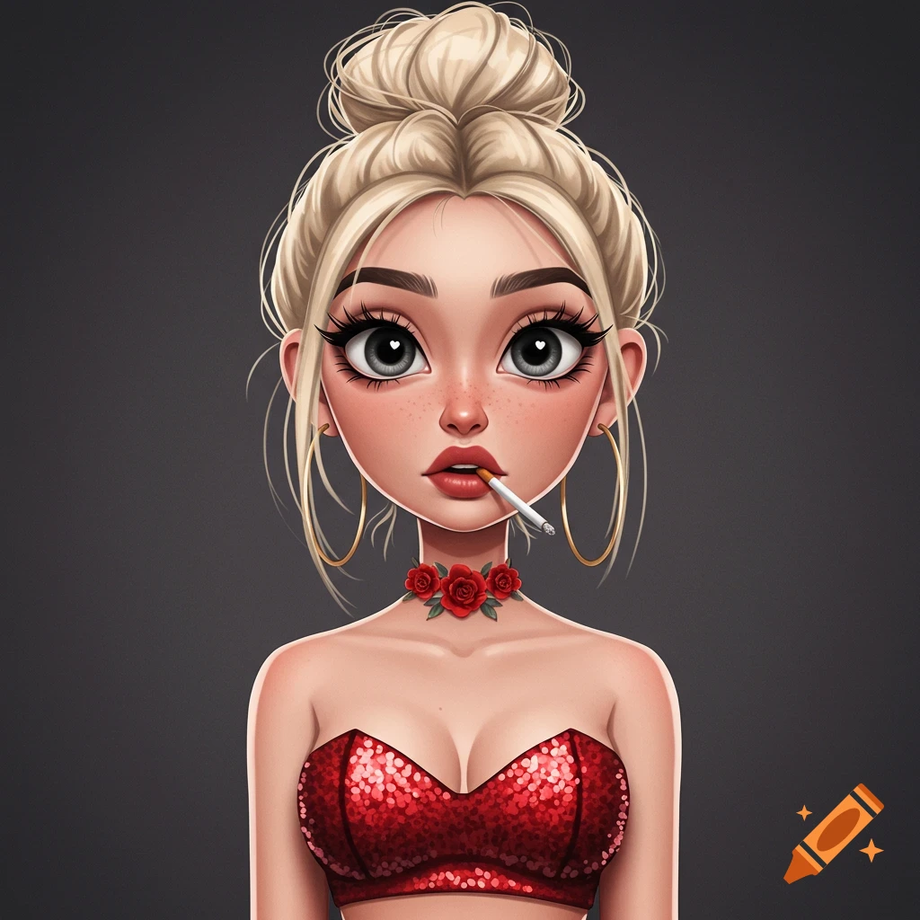 Cartoon portrait of a woman with blonde hair in a bun, red sequined top, rose choker, and cigarette in her mouth.