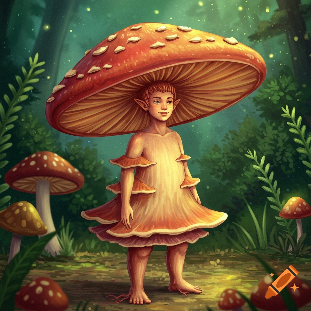 A child-like figure dressed as a mushroom, standing in a fantasy forest.