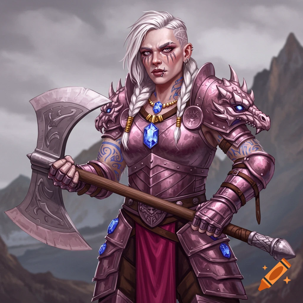 A female warrior with white braided hair and face paint, wearing pink dragon-themed armor, holding a large axe.