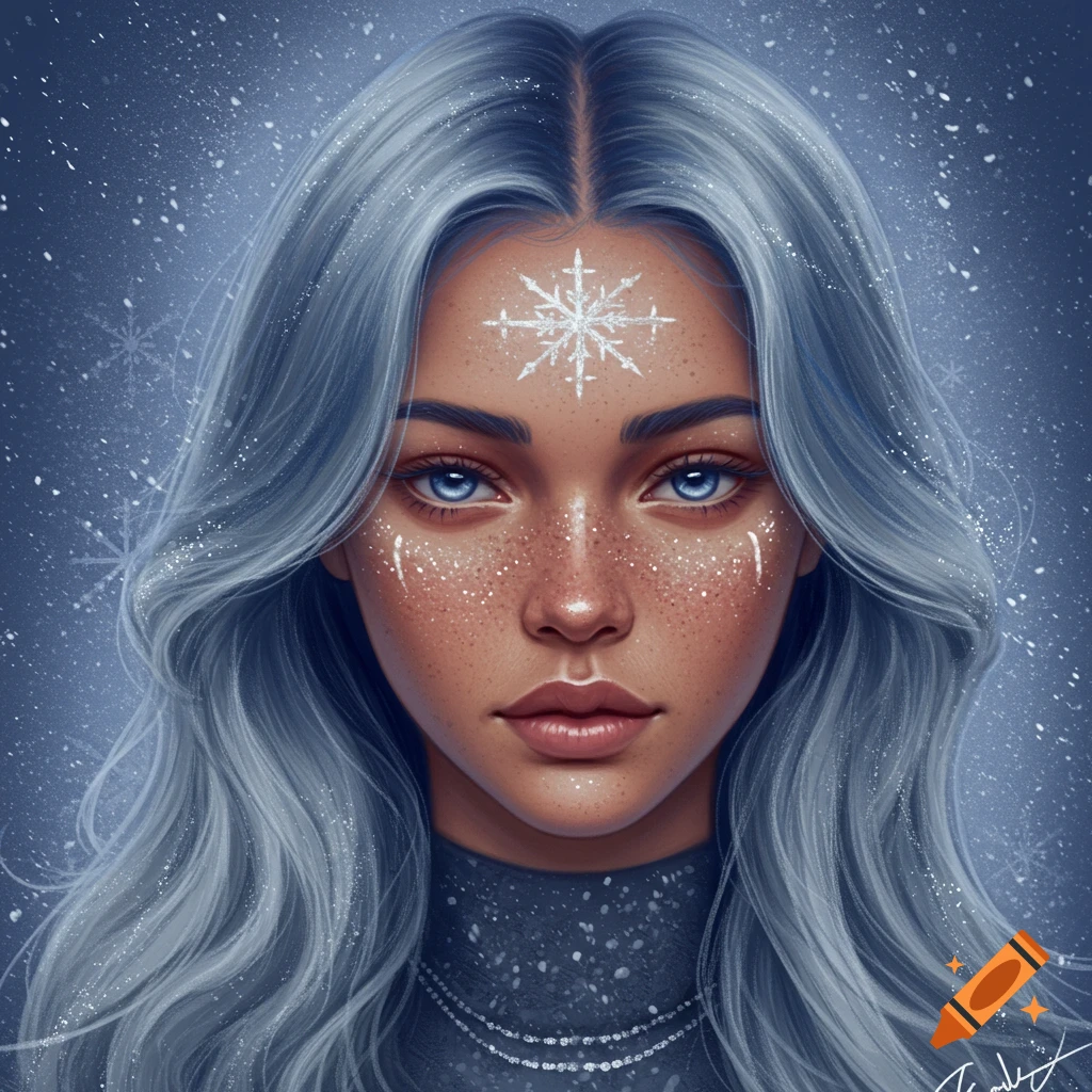 A woman with blue hair, blue eyes, freckles, and a snowflake on her forehead stands against a snowy background.