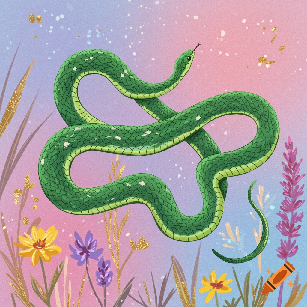 A green snake coils above colorful flowers and grasses against a pastel sky.