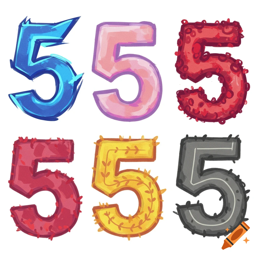 Six stylized illustrations of the digit 5 in different colors and textures on a white background.