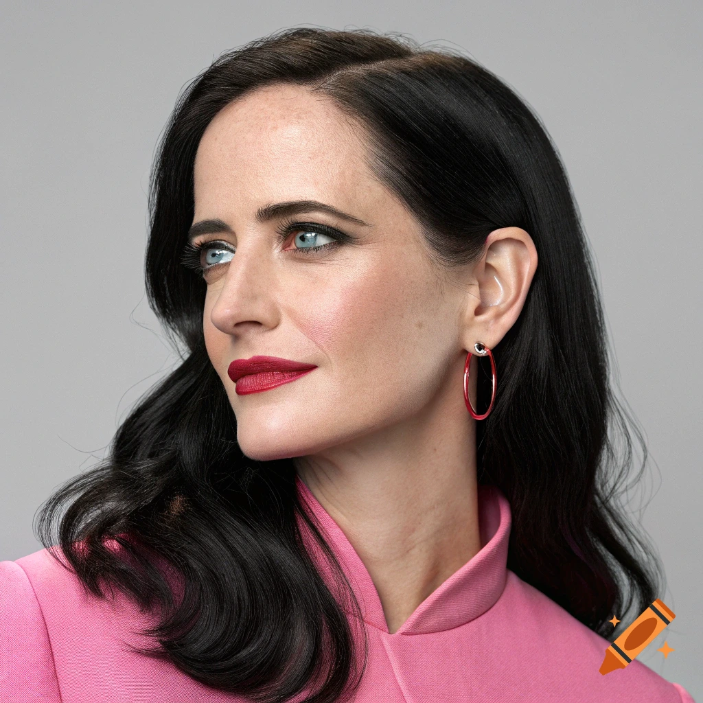 Close-up portrait of Eva Green wearing a pink jacket, red hoop earrings, and red lipstick.