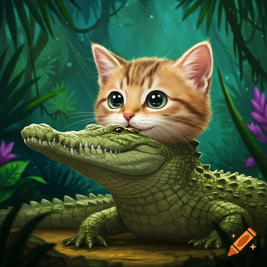 A cute kitten head on a crocodile body in a jungle