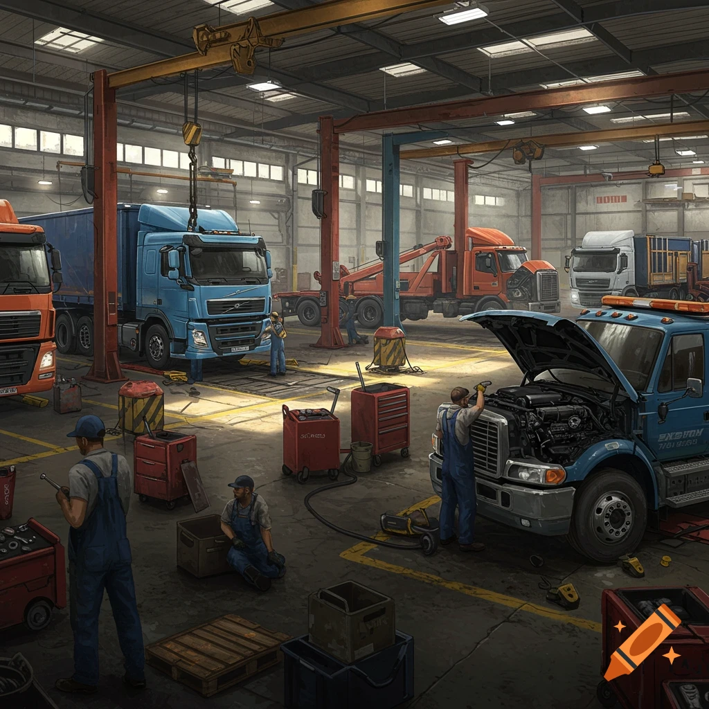 A large garage where mechanics are working on trucks.