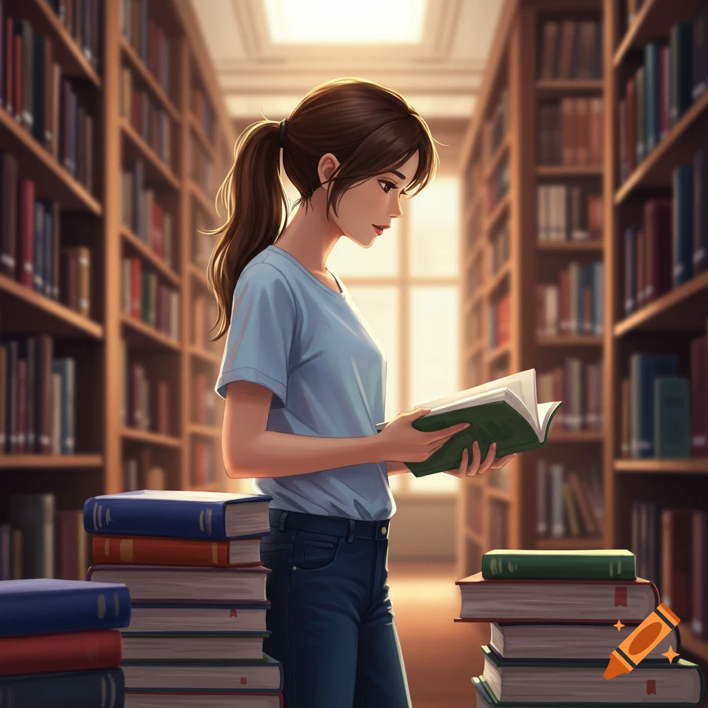 A student reading a book in a library.
