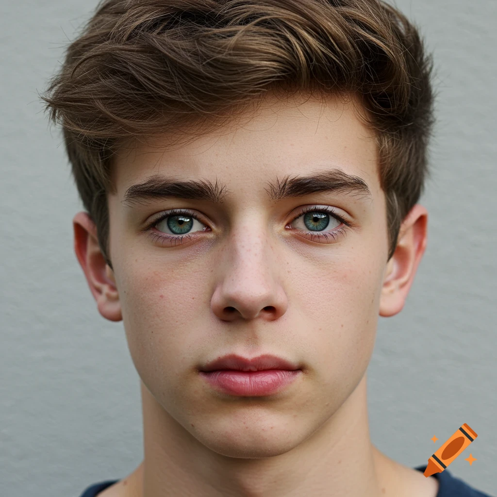 Photorealistic portrait of a young man with brown hair and blue-green eyes