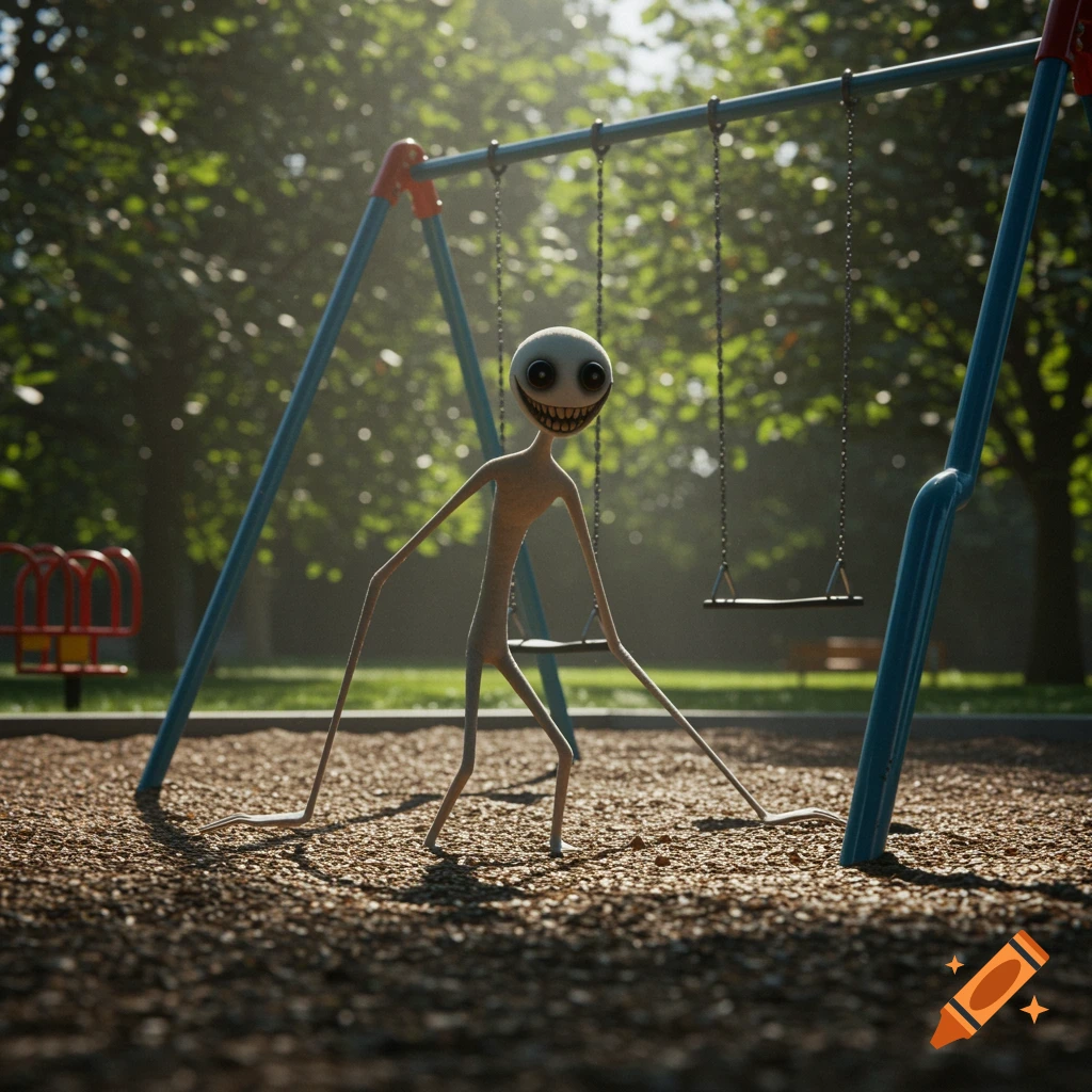 A creepy slender creature with large eyes and a wide grin stands on wood chips in a playground.