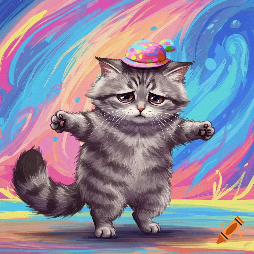 A sad-looking gray cat with a colorful hat stands against a vibrant abstract background.