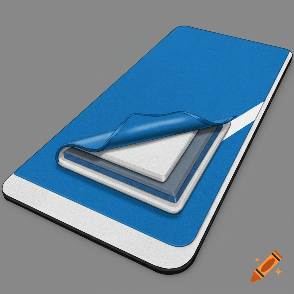 A baseball sliding mat cross-section showing its silicon base, memory foam middle, and blue tarp cover with white design.
