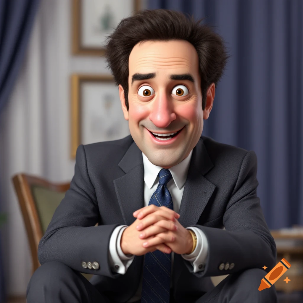 Stylized 3D portrait of a man in a suit, smiling