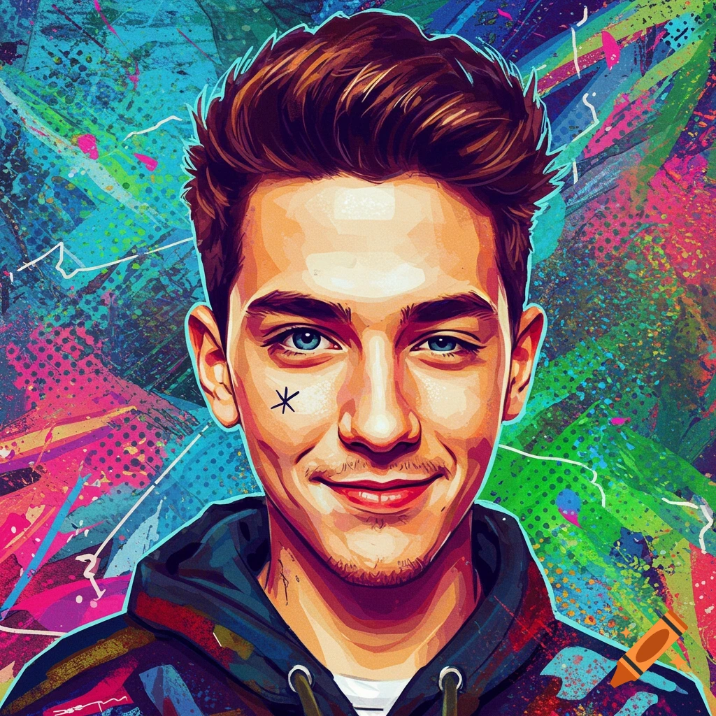 Portrait of young man with blue eyes, small symbol under eye, and vibrant abstract background.