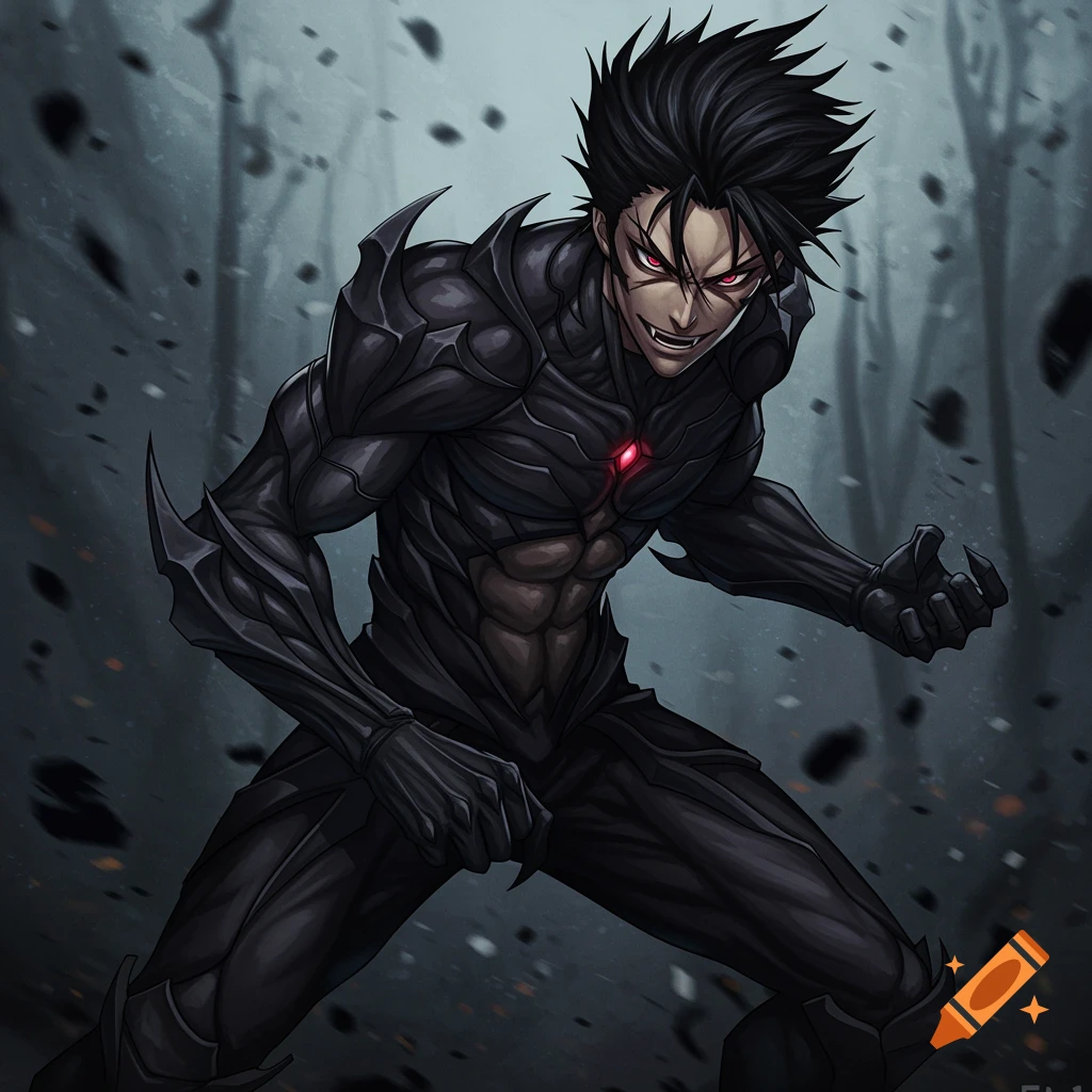 Anime man in black armor with red eyes and spiky hair in a menacing pose.