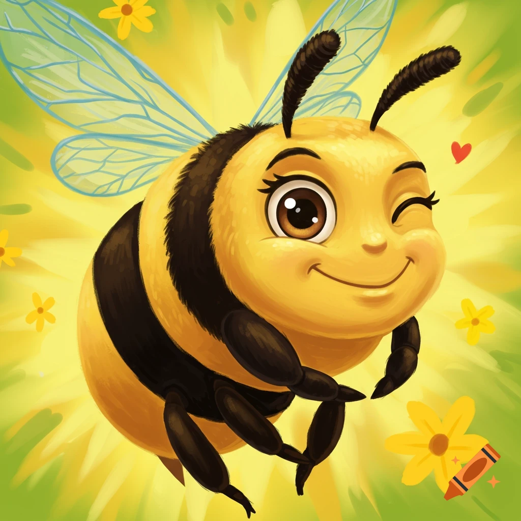 A cute cartoon bee winking and flying amidst yellow flowers and hearts.