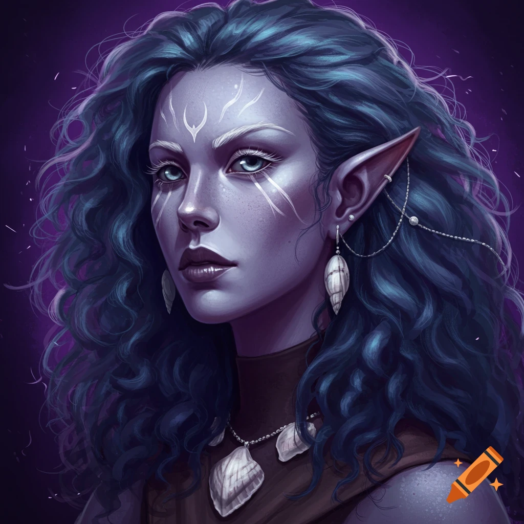 Portrait of a drow elf female with purple skin, blue curly hair, and shell jewelry.