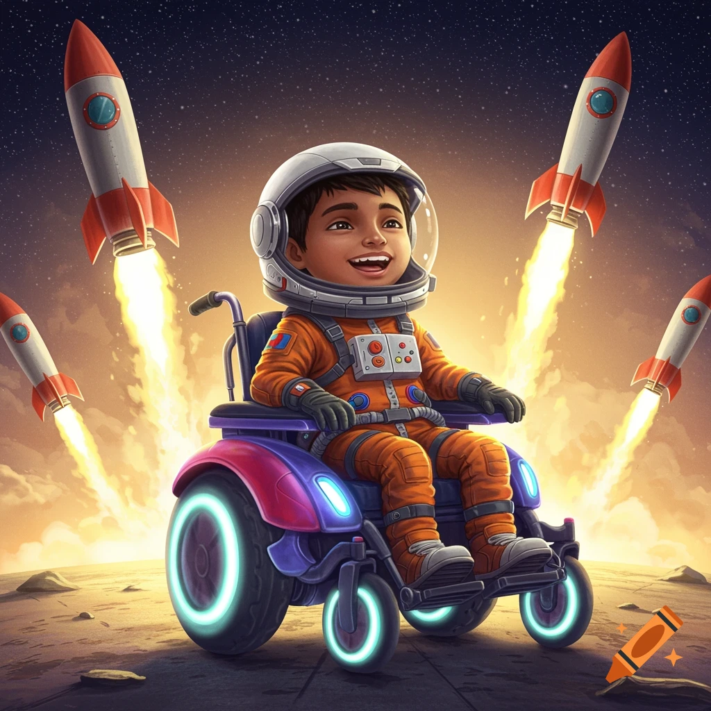A young boy in an astronaut suit and wheelchair smiles as rockets blast off around him in a vibrant space scene.
