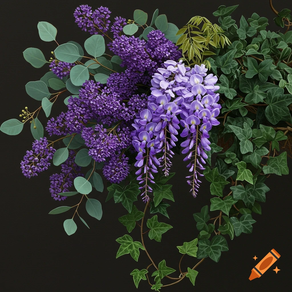 Purple wisteria and lilac-like flowers with eucalyptus leaves and dark green ivy on a black background.