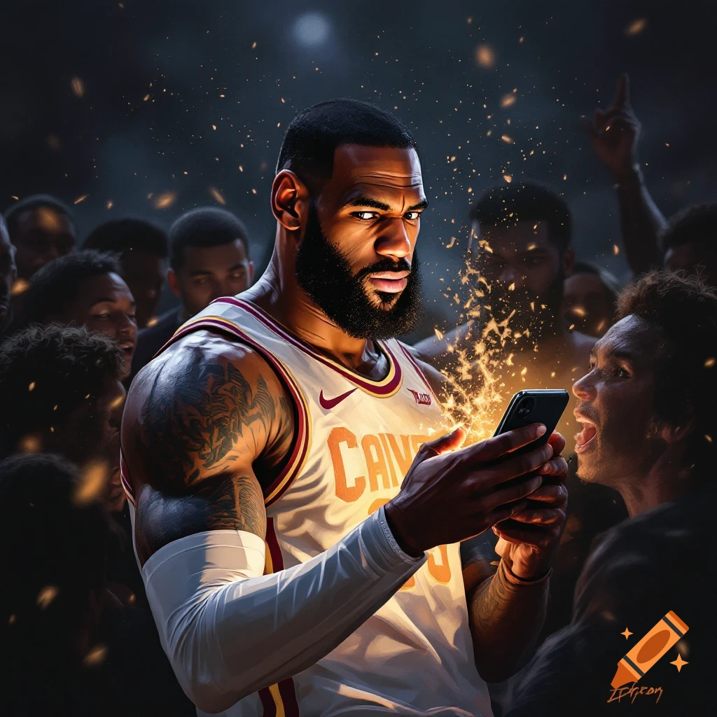 A man wearing a Cavaliers jersey is looking intently at his phone while in a cheering crowd. It appears to be LeBron James.