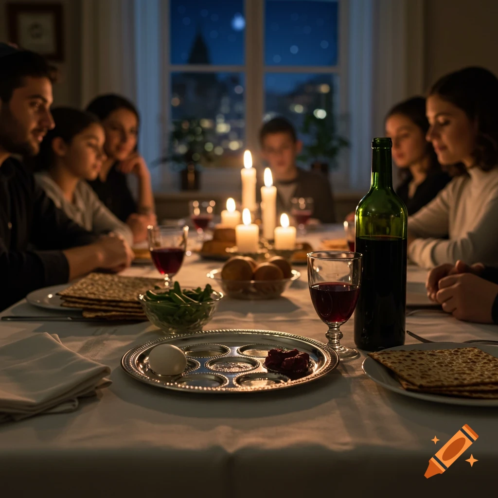 Photorealistic image of a family gathered around a table for a Passover Seder, with Seder plate, matzah, wine, and candles.