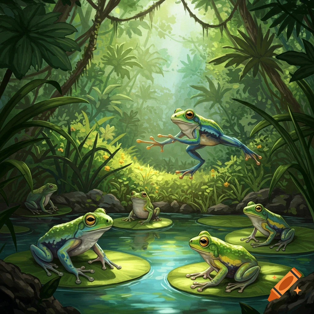 Frogs are on lily pads in a jungle pond, with one frog jumping.