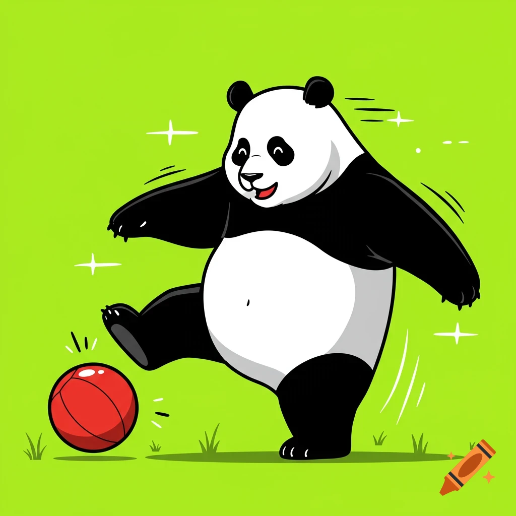 A vector graphic of a panda kicking a red ball on a green background.