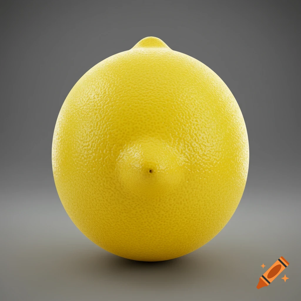 A close-up 3D render of a yellow lemon on a grey background.