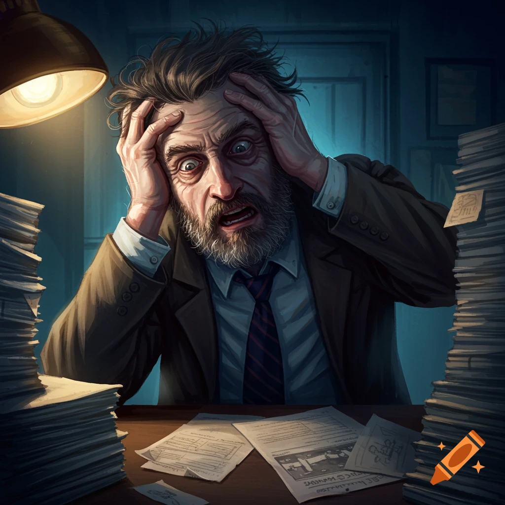 A man clutches his head in stress while sitting at a desk piled high with papers under a lamp light.