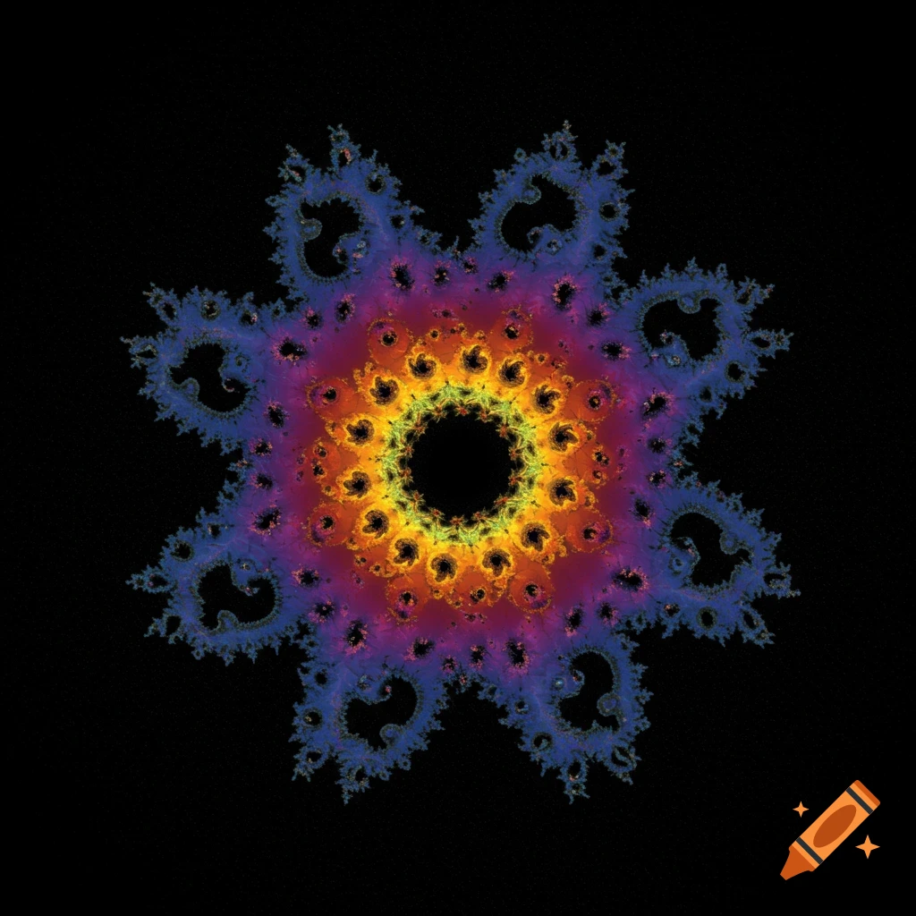 Colorful intricate fractal pattern on black background.