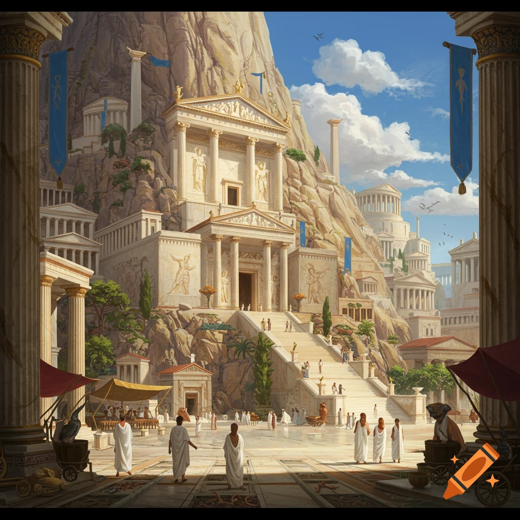 An ancient Greek city built into a mountain, with grand temples, stairs, and figures.