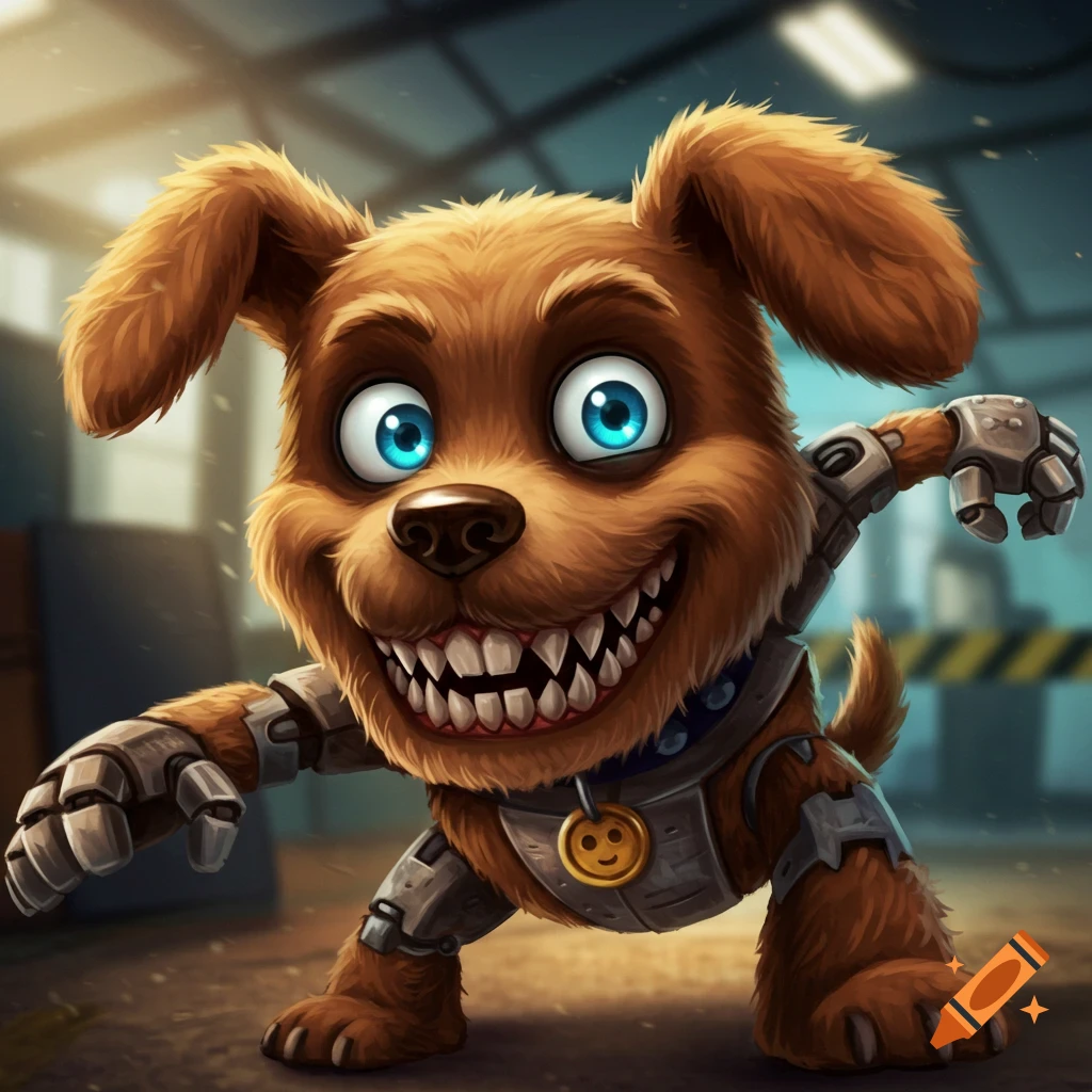 Cartoon dog character with sharp teeth and mechanical limbs in an industrial setting